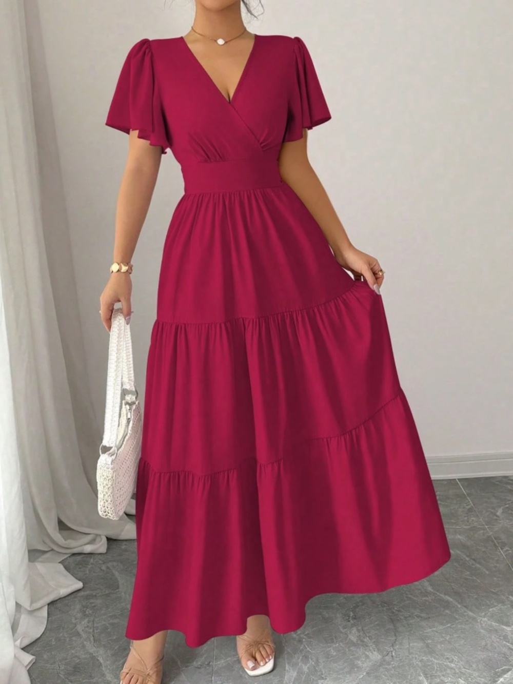 Classic V neck Solid Flounce Sleeve High Waisted Maxi Dress - Picture 7 of 13